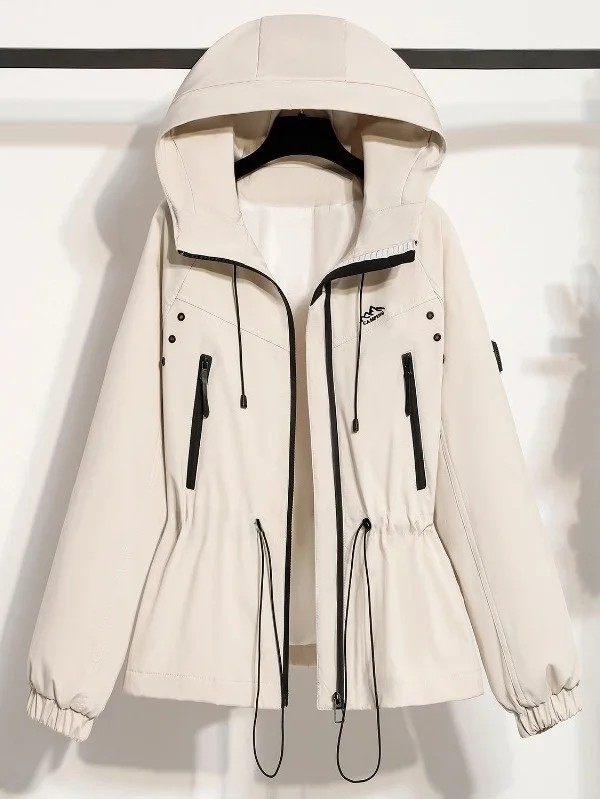 Pink Hooded Jacket Women's plus Size Waist-Cinching Outerwear Spring 2026 New Style Commute Style Regular Length Zipper Closure