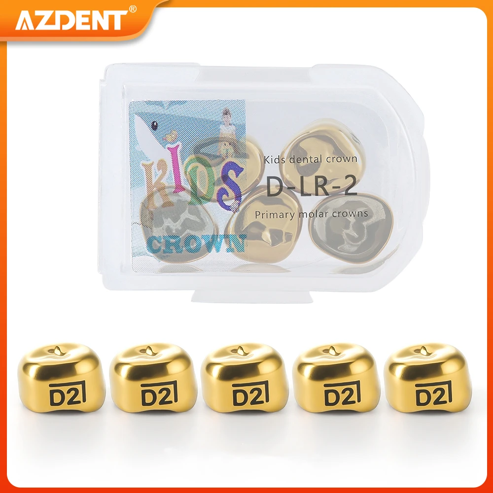 

5PCS AZDENT Dental Primary Molar Crown Teeth Preformed Kids Golden Stainless Steel Temporary Crowns Kit Pediatric Restoration