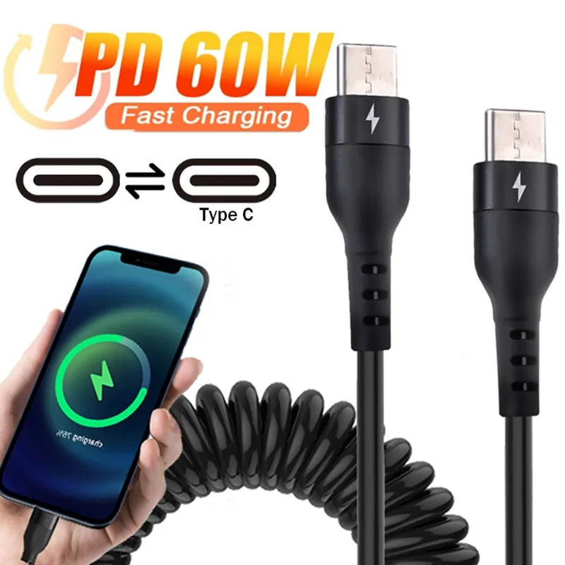 2m/1.5m/1m Type C To Type C Fast Charging Data Cable USB C To TypeC Coiled Spring Wire Car Charger Cord for Android Spring Cable