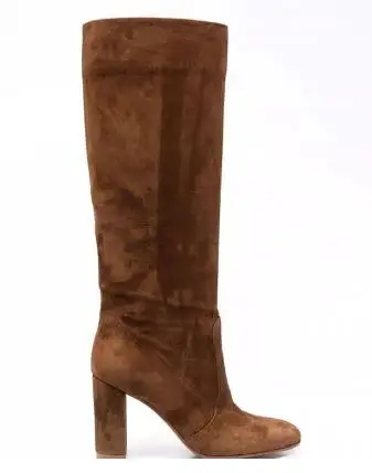Autumn Brown Black Suede Round Toe Block Heel Patchwork Knee High Boots Women Fashion Concise Tube Slip On Long Boots Shoes Lady 2