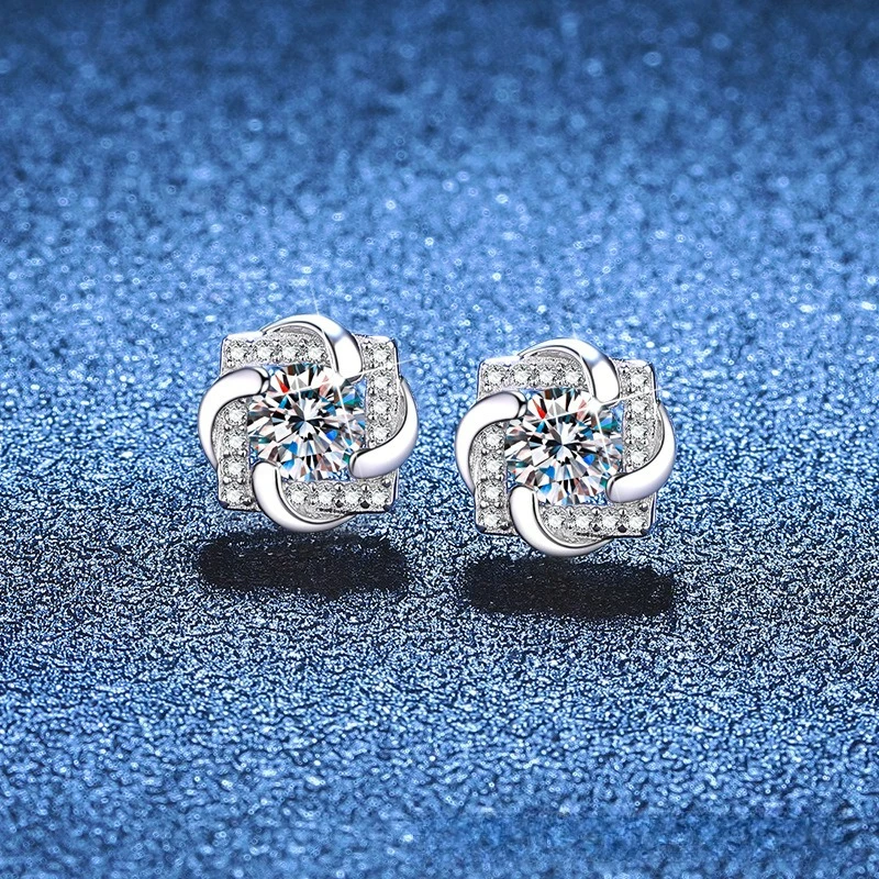 Platinum PT950 18K Gold Earrings, Moissanite Earrings, Women's Spinning Windmill, Lucky Clover, 1 Carat Moissanite Diamond