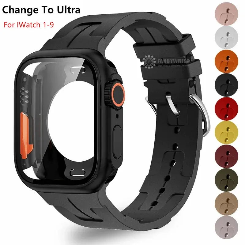 Original Silicone Band &Change To Ultra Case For Apple Watch 9 8 7 6 SE 5 4 Strap For iWatch Series 44mm 45mm 42mm 41mm Bracelet