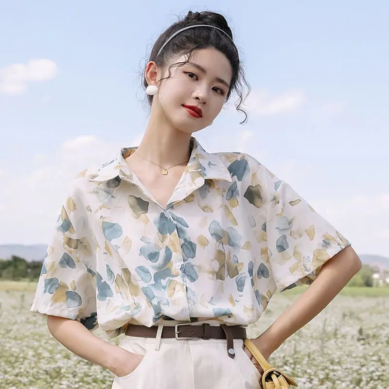 Women Summer Korean Loose Fashion Printing Turn-down Collar Short Sleeve Shirts Women Clothes Casual All-match Appear Thin Tops