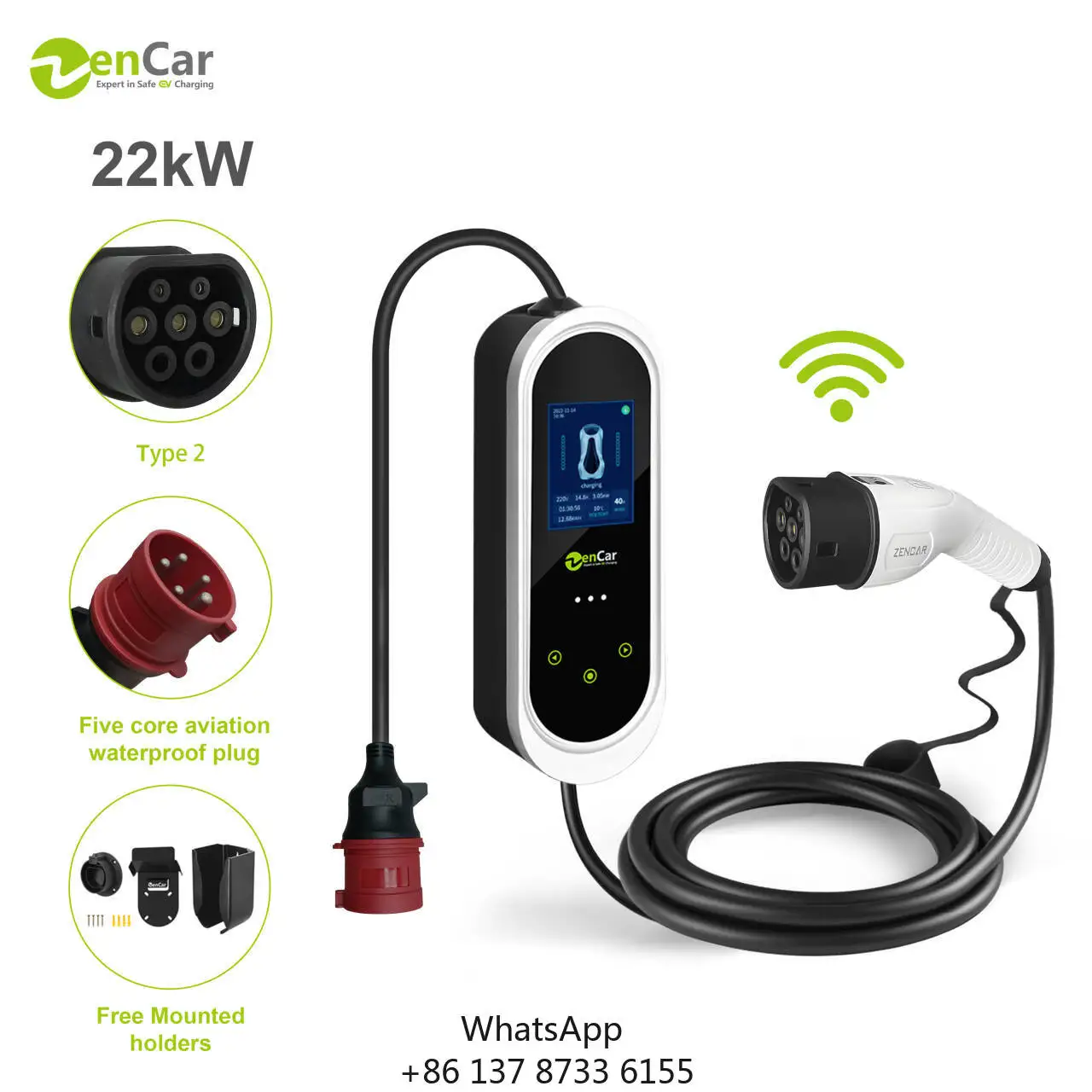 High Quality TUV 32A Portable EV Charger 22kW EVSE Type 2 Plug 3 Phase IP66 WiFi APP Smart Home Charging Station With Holders