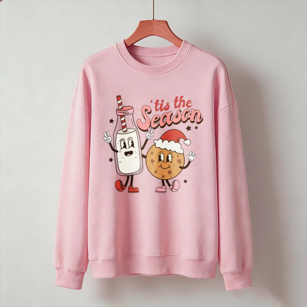 Tis The Season Cute Milk Bottle and Cookie Cartoon Santa Hat Graphic Long Sleeve Pullover Casual Funny Xmas Holiday Party Tops