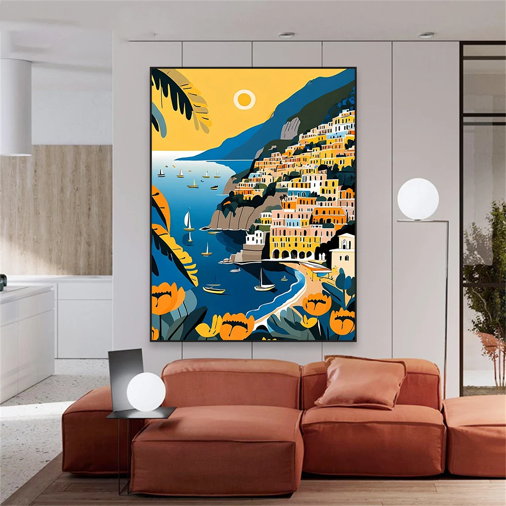 Summer In Positano Poster Travel Poster Italy Landscape Colorful Print Cityscape Vintage Canvas Painting Home Bedroom Decor