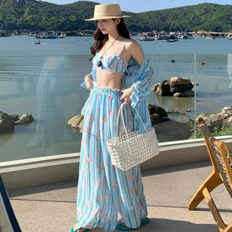 New Vacation Atmosphere Long Sleeved Shirt Long Pants Bikini Sexy Split Body Suspender Pure Desire Hot Spring Swimsuit for Women