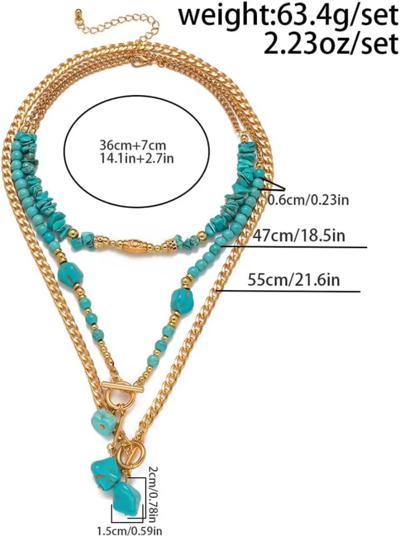 Chunky Turquoise Necklaces for Women Girls Vintage Gold Statement Bohemian Layered Necklaces Charm Beaded Choker Western Jewelry view 3