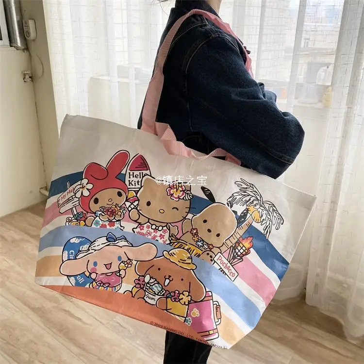 Hello Kitty Fashion Handbags Sanrio Kawaii Pattern Large Capacity Canvas Shopping Bag Women Travel Storage Woven Bag