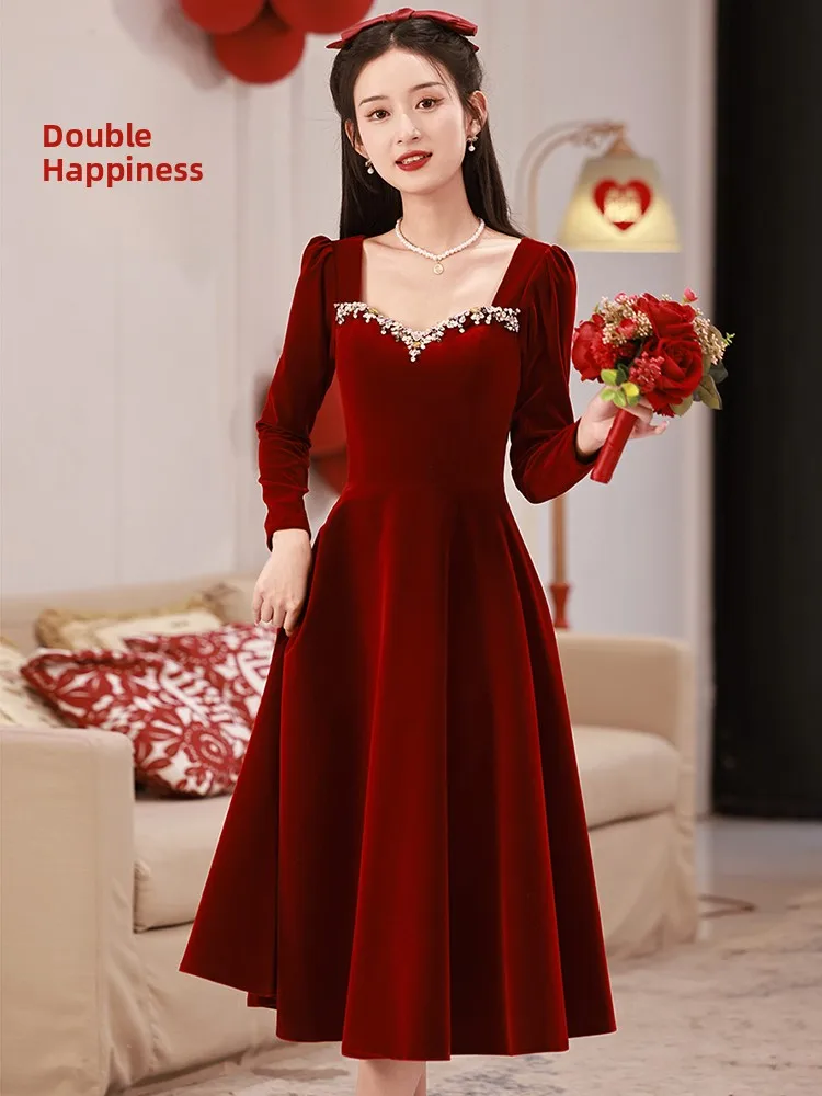 

Red Velvet Wedding Dr Ele Long Sve A-Line Skirt Formal Evening Gown for Engagement And Wedding Ceremony