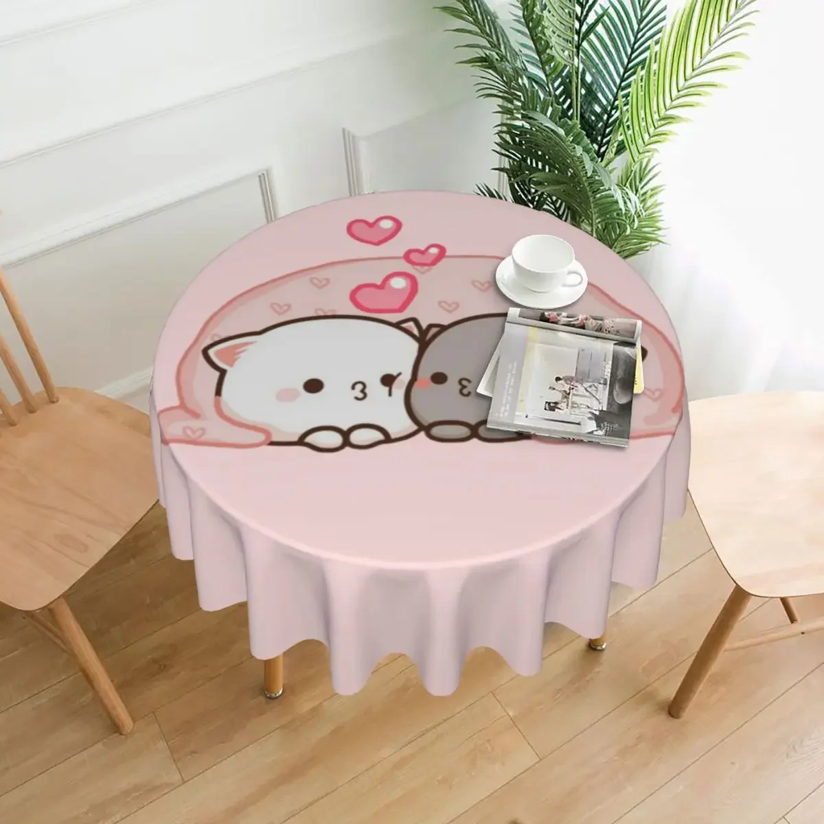 Mochi Milk Peach Goma Round Tablecloth Pink Cartoon Cats Printed Table Cover For Wedding Birthday Party Outdoor Table Cover