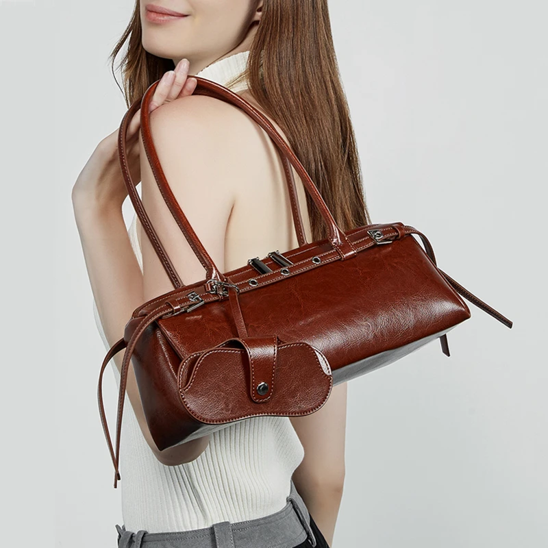 BURMINSA Luxury Genuine Leather Underarm Shoulder Bags For Women Retro Designer Cowhide Boston Tote Purse Office Ladies Handbags