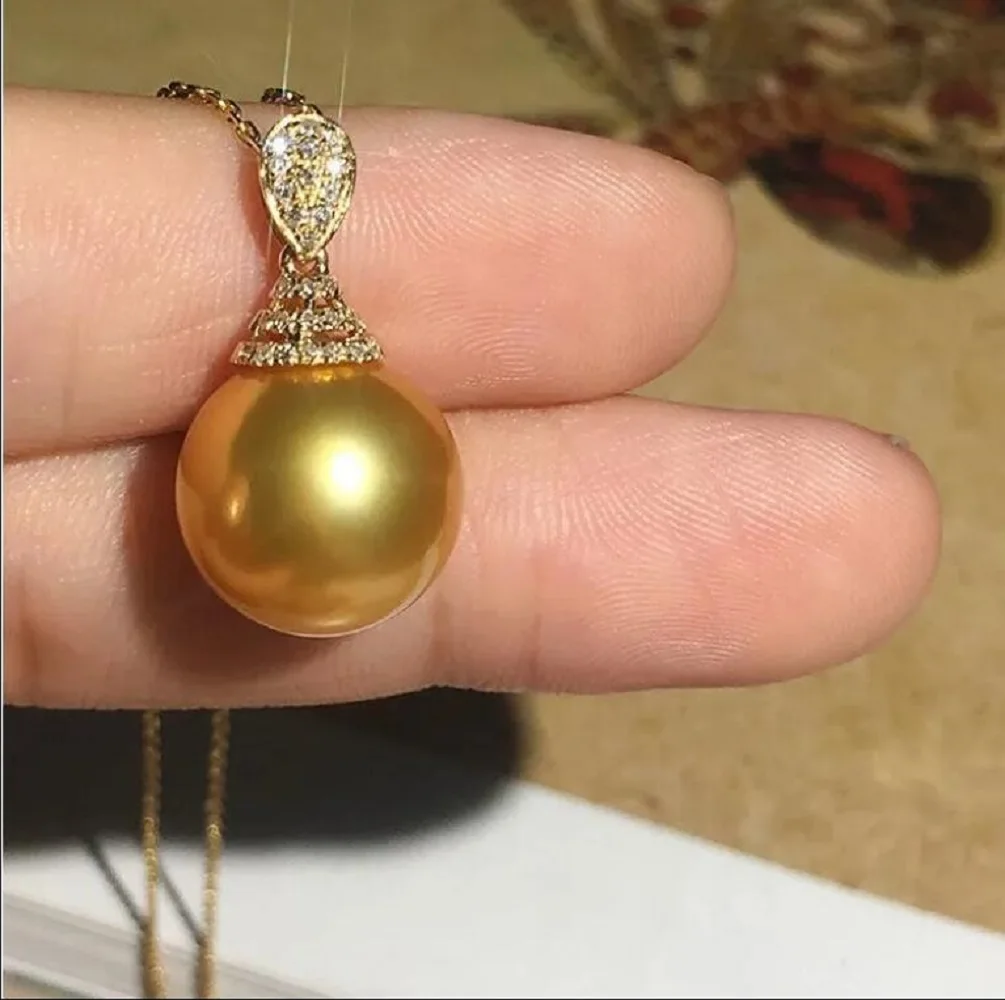 AAA+ 14-15mm Authentic Natural Nanyang Gold Bead Necklace Round Thick Gold Bead Pendant Strong Light gift box Artificial pearl