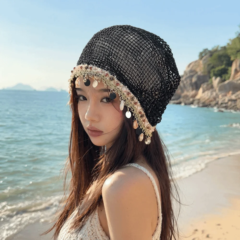 Lightweight Shell Charm Wrap Beanie Large Head Size Thin Hollow Out Slouchy Hat Pullover Design Breathable Fringe Skullcap
