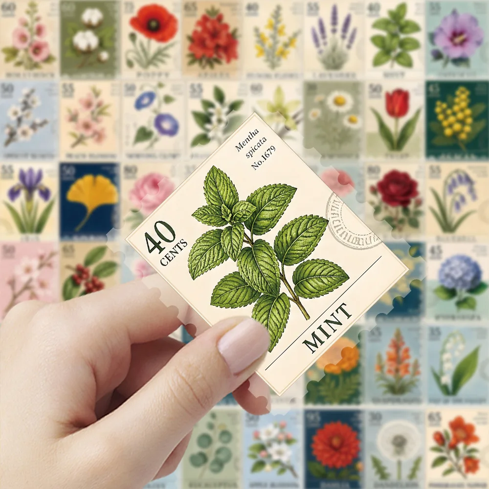 50 PCS Retro Plant Stamp Stickers Cartoon PET Flower Stamp Hand Account Material Phone Case Notebook Waterproof Stationery Decal