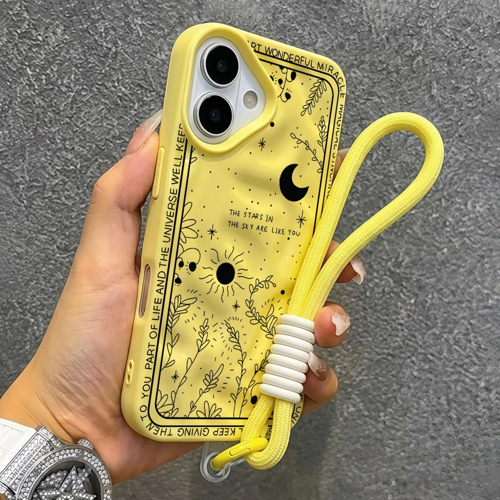 Retro-Muster Mond-Stern Falten-Silikon-Handyhülle für iPhone 17 15 13 11 12 14 16 17 Pro Max 14 15 Plus Air mit Lanyard-Abdeckung – Detail 7