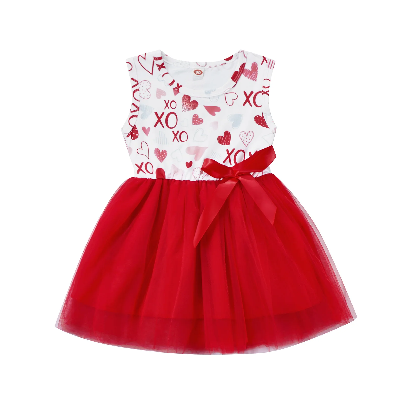 

New Summer Girls Valentines Day Dress Sleeveless Round Neck Heart Print Tulle Patchwork Dress 2-7 Years Skin-Friendly Fashion