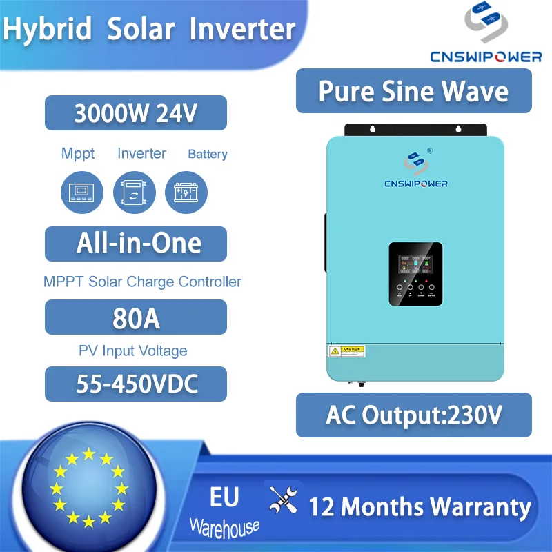 Image of CNSWIPOWER Reiner Sinus-Hybrid-Wechselrichter 3000W 3200VA 24V DC zu 230V AC 80A MPPT Solarladegerät für Heim- und netzunabhängige Notstromversorgung