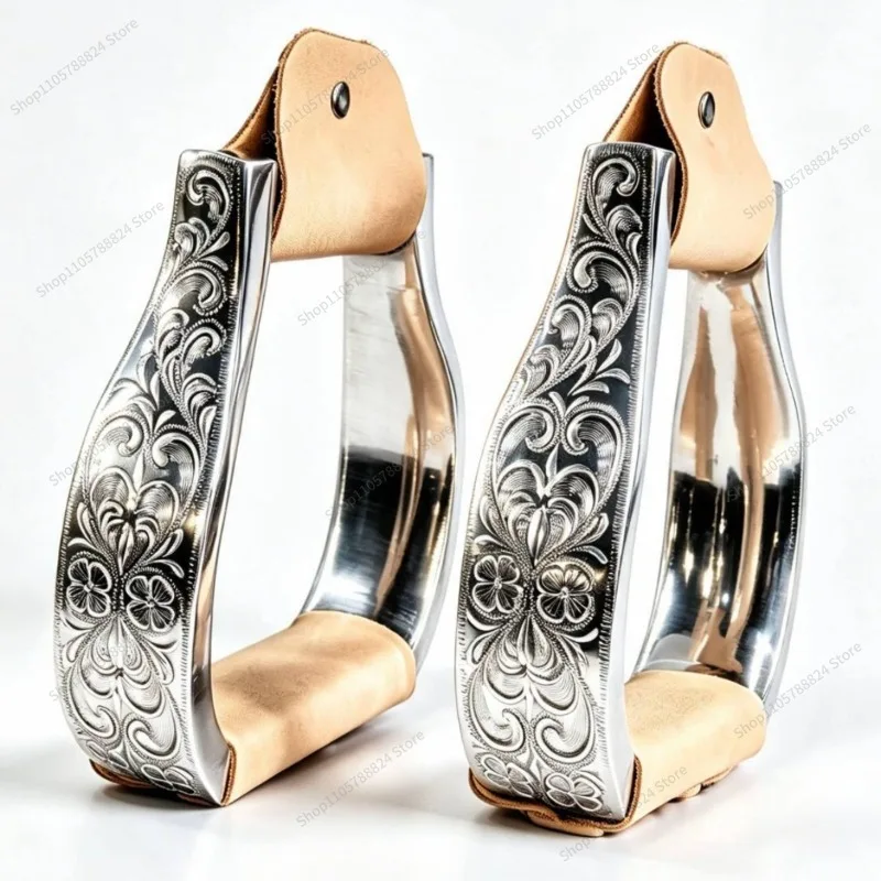 For Carved Aluminum Stirrups, Thickened Aluminum Alloy with Cowhide Pads, Pommel Pedals, Equestrian Riding Saddle Accessories