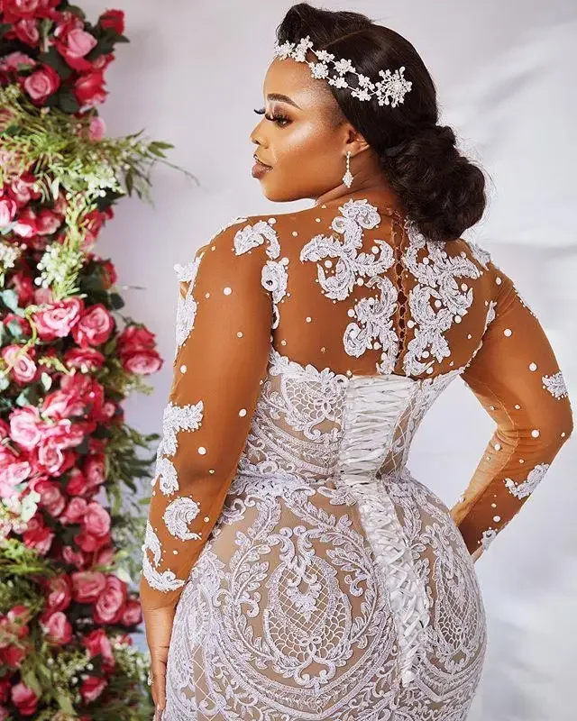 Personalizado plus size africano sereia vestidos de casamento 2021 forro nu renda branca ilusão manga longa frisado pérolas nupcial