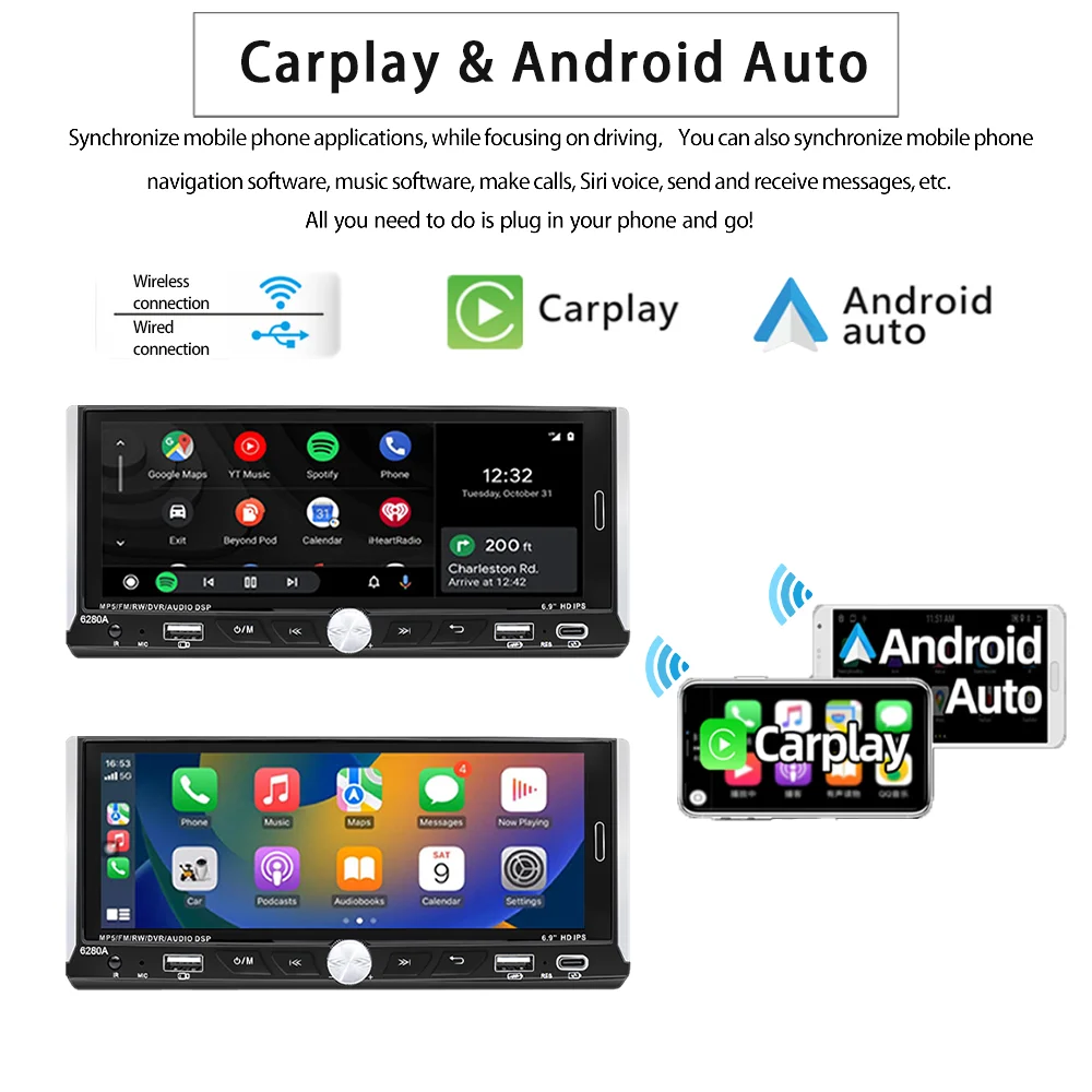 1Din Universal Car Radio 6.9'' Touch Screen Wireless Carplay Android Auto Smart Multimedia Player Wifi Navigation GPS FM Stereo