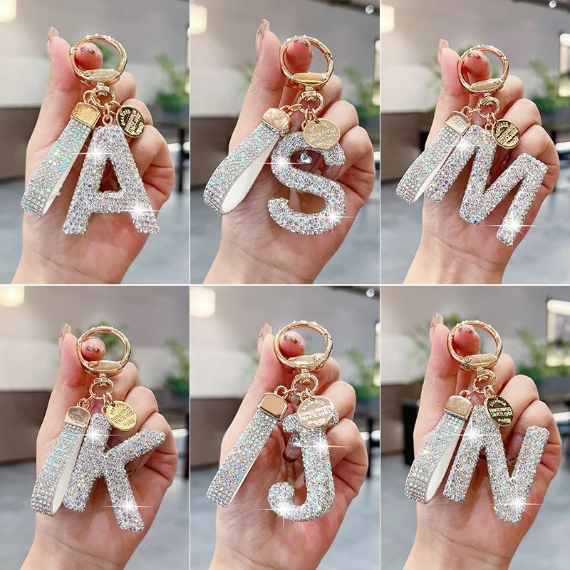 Fashionable Diamond Rope Letter Keychain Creative Diamond Inlaid English Bag Pendant Shiny Cute Backpack Car Keychain Ring Gift