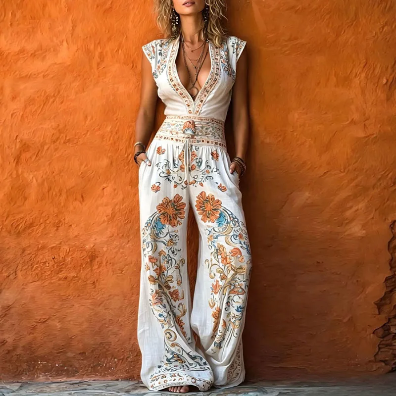 Retro Ethnic Floral Print Jumpsuit Women V Neck Sleeveless Lace Up Loose Wide Leg Pants Overalls Lightweight Travel Beach Romper