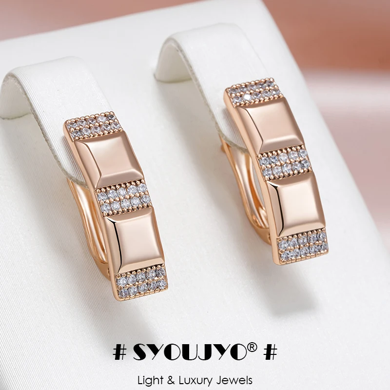 SYOUJYO Vintage 585 Rose Gold Color Square Earrings For Women Natural Zircon Pave Setting Trendy Jewelry