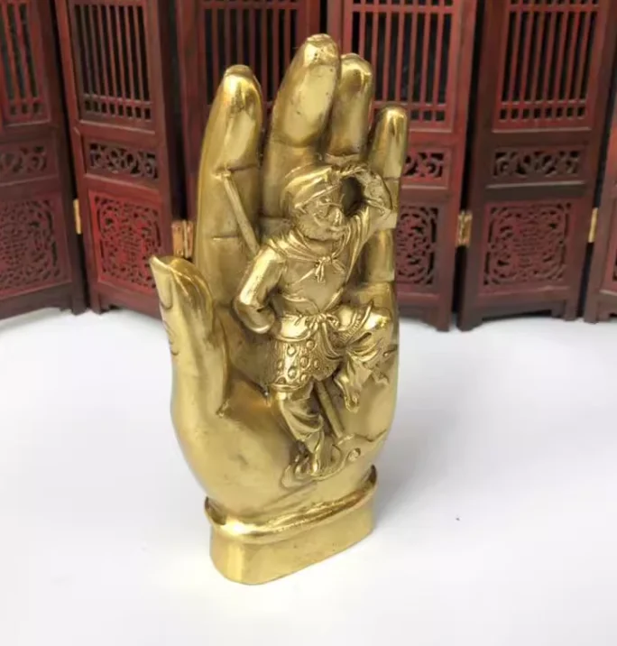 11cm Chinese Buddhism Brass Sun WuKong Monkey King Statue in Shakyamuni Buddha Hand