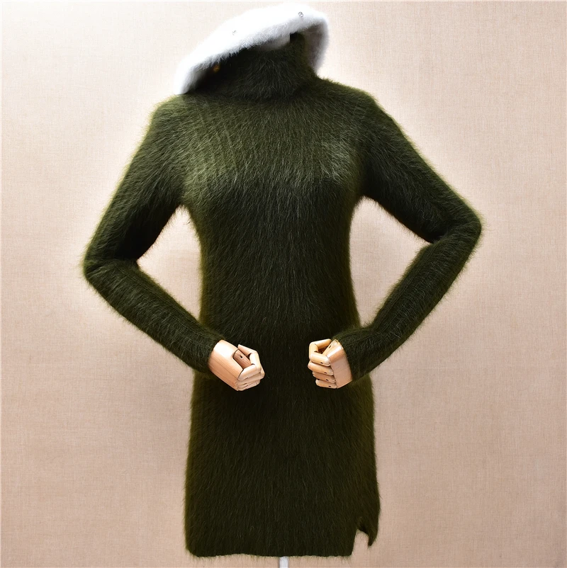 

Women Mujer Fall Winter Clothing Hairy Plush Angora Rabbit Hair Knitted Turtleneck Striped Slim Blouses Sweater Jumper Pull Tops