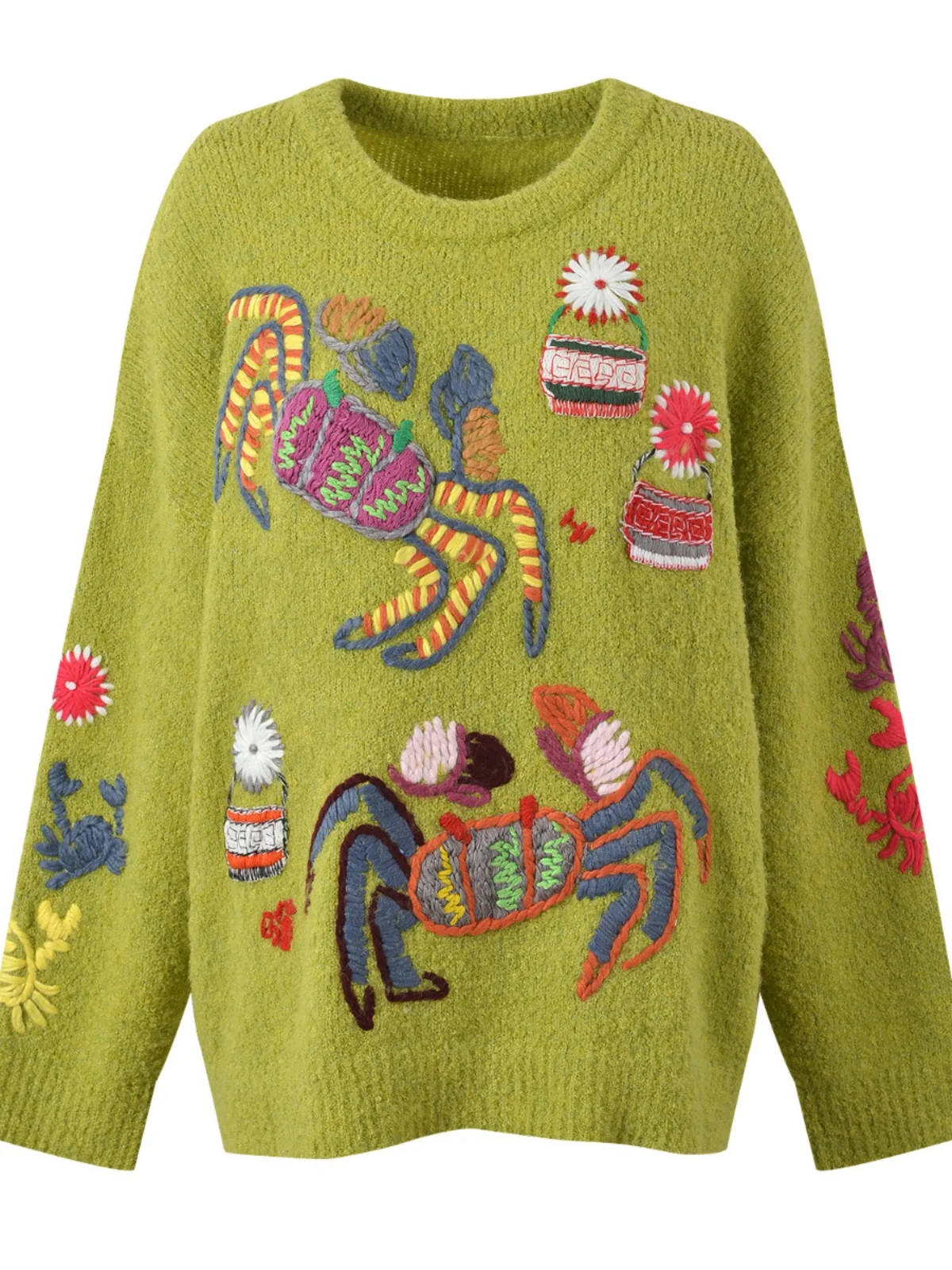 

Осенне-зимний женский вязаный свитер свободного кроя с круглым вырезом, вышивкой, удобный оверсайз пуловер, модный топ