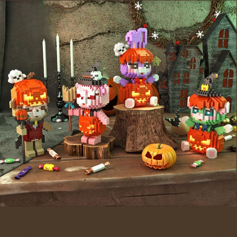 Halloween Building Blocks Glowing Stitch Hello Kitty Duffy Cos Pumpkin Ghost Micro Bricks Mini Figure Assembled Toy