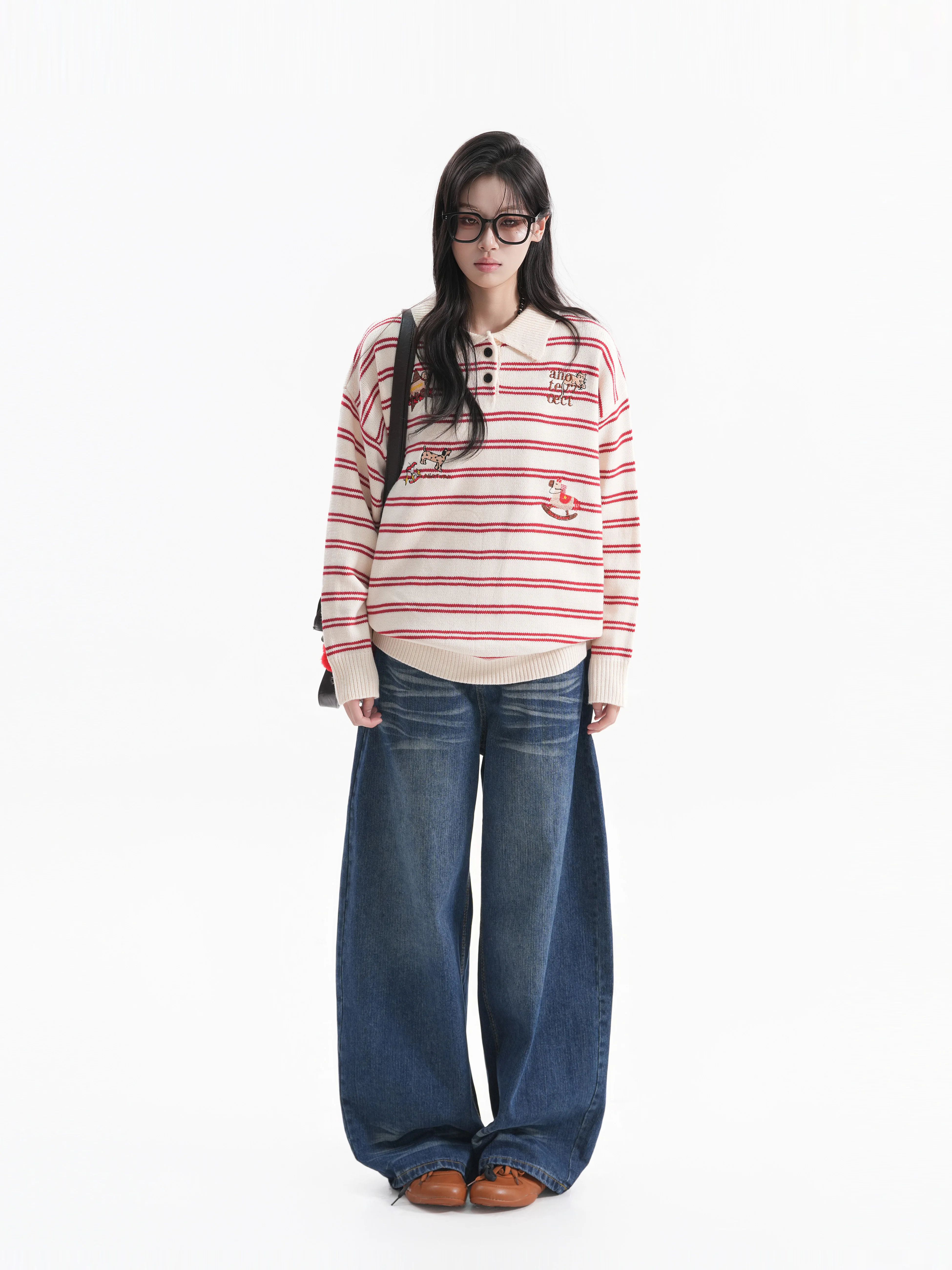 Retro American Striped  Neck Knitwear for Girls Loose Fit Embroidered Fun Pattern Autumn Wear Soft Breathable Long Sleeve