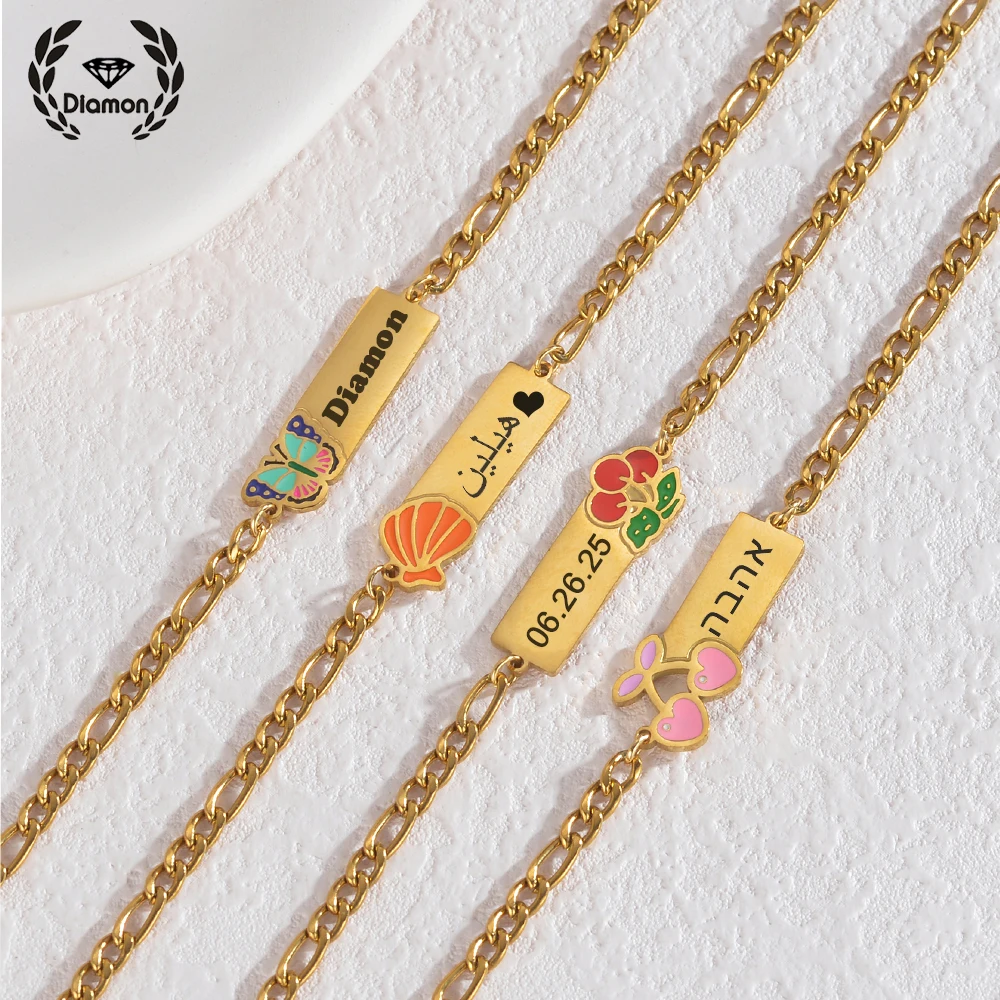 Diamon Personalized Bracelet ColorfulEnamel Cherry Engrave Name Date Arabic Hebrew Stainless Steel Chain for Women Jewelry Gifts
