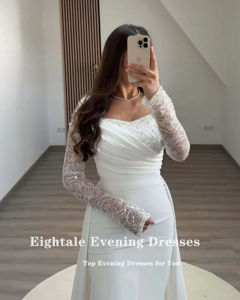 Eightale Arabic Evening Dress for Wedding Party Long Sleeves V-Neck Ivory Stretchy Satin Mermaid Customized Beaded Prom Gown