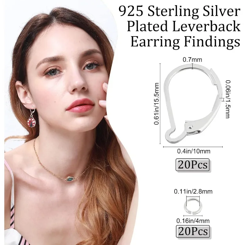 20Pcs Leverback Earring Findings 925 Sterling Silver Plated French Earring Hooks 15.6x10mm Ear Wire Clip Earring Connector