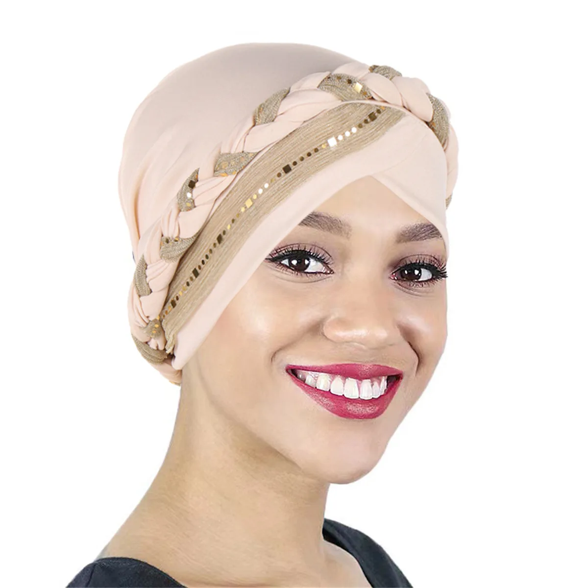 Color Blocked Bright Silk Braid Women Hijabs Turban Hat Solid Color Head Wraps Pre-tied Elastic Head Scarf Beanies Chemo Cap