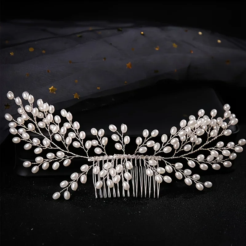 Silver Color Pearl Hair Comb Pin Band Headband Tiara For Women Bride Party Wedding Bridal Hair Accessories Jewelry Comb Band