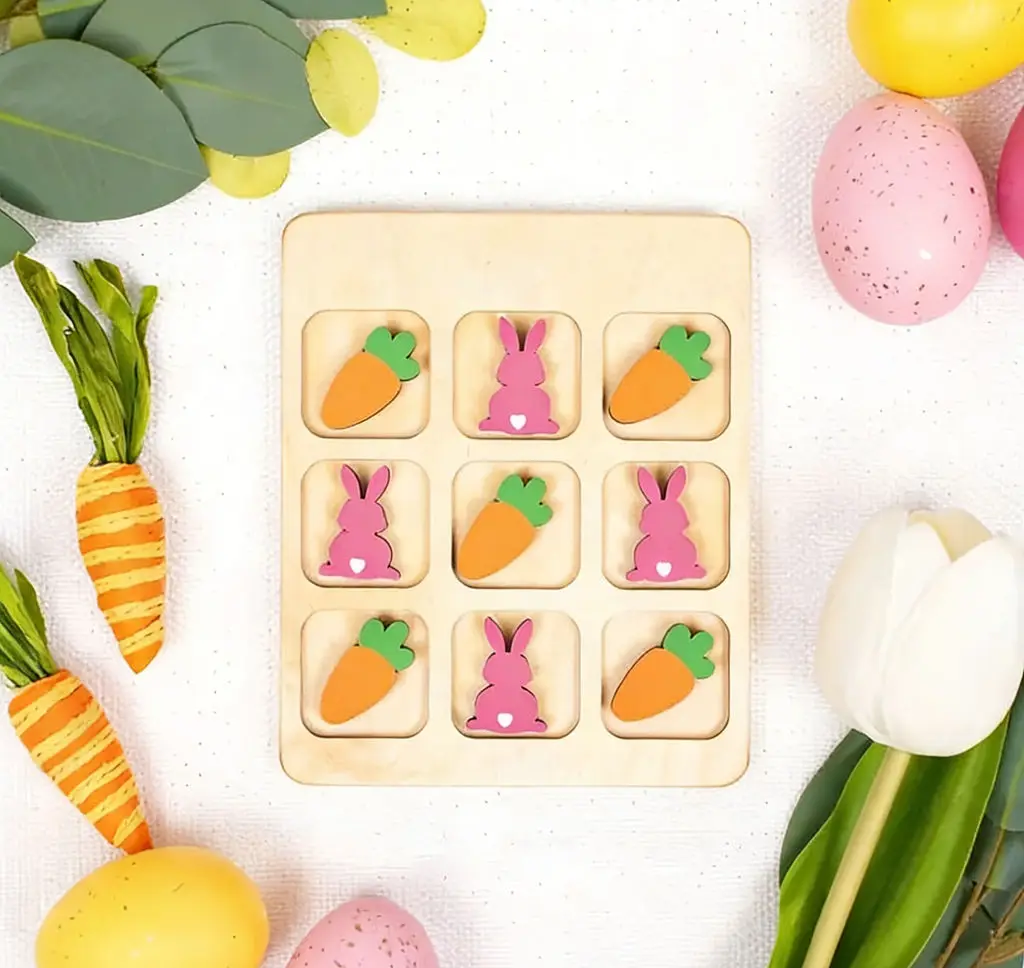 개인 맞춤형 부활절 토끼 틱택토 나무 게임 - 달걀 & 당근 블록 장난감, 어린이 파티 선물, 어린이를 위한 휴일 선물