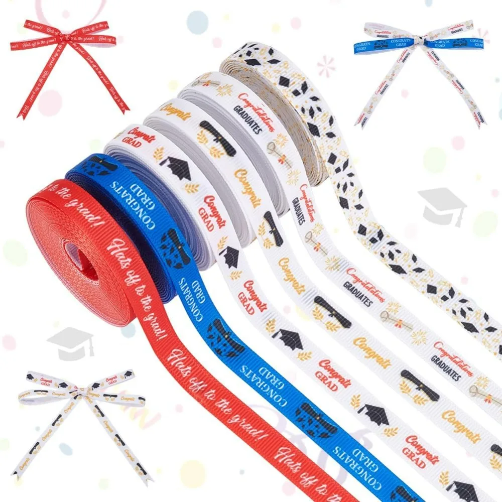 

6 рулонов атласной ленты для выпускного, 30 ярдов, ширина 3/8 дюйма, с надписью «Поздравляем, выпускник!», для упаковки подарков, украшения выпускного вечера, выпускников 2025 года