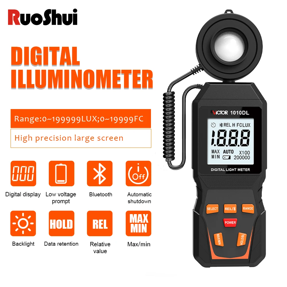 RuoShui 1010D Digital Light Meter Max 200,000Lux Luxmeter Luminance Lux Fc Test Illuminometers Photometer Auto LCD Illuminometer