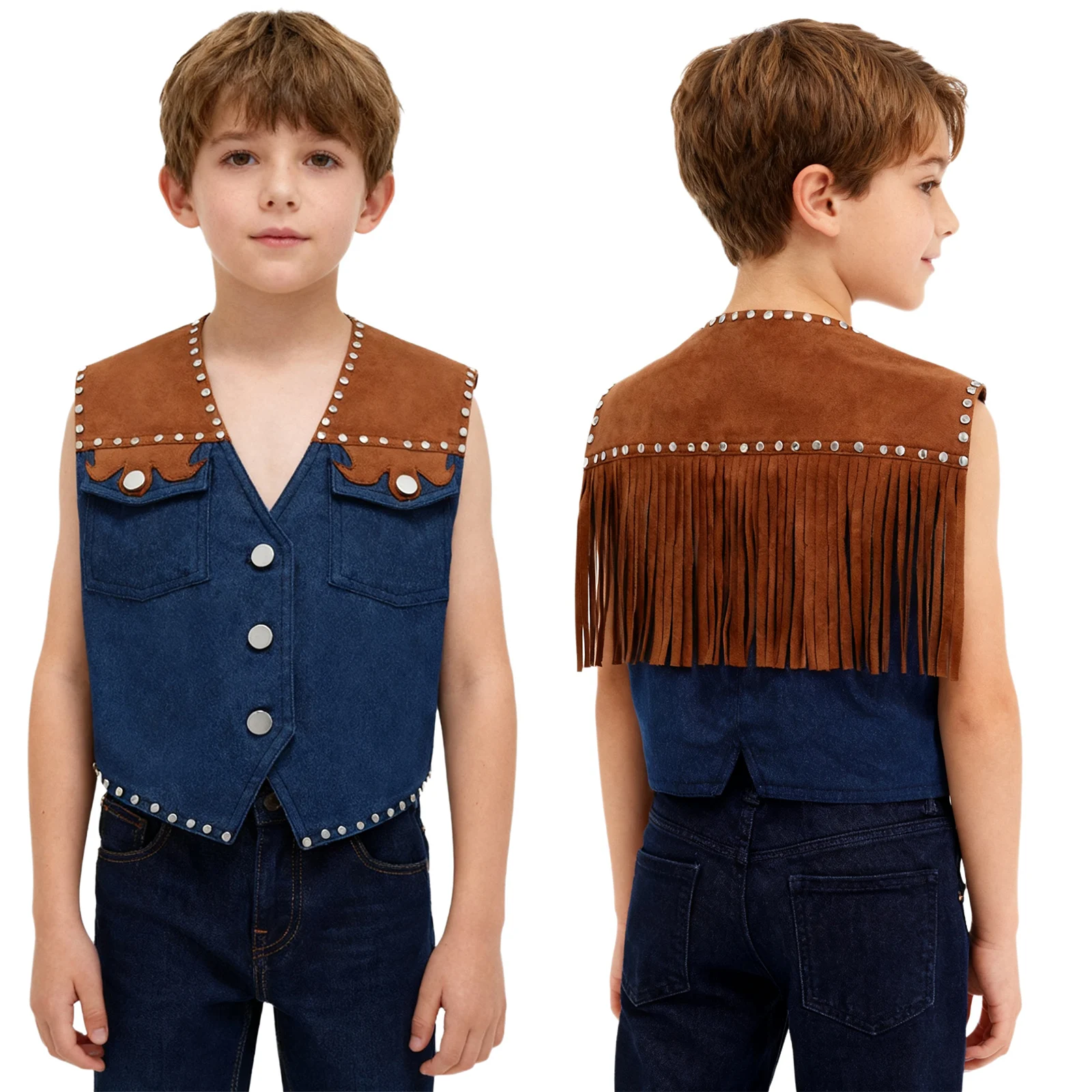 

Western Cowboy Cosplay Costume V Neck Buttons Rivet Fringe Vest Denim Cowboy Vest Role Play Halloween Party Costume