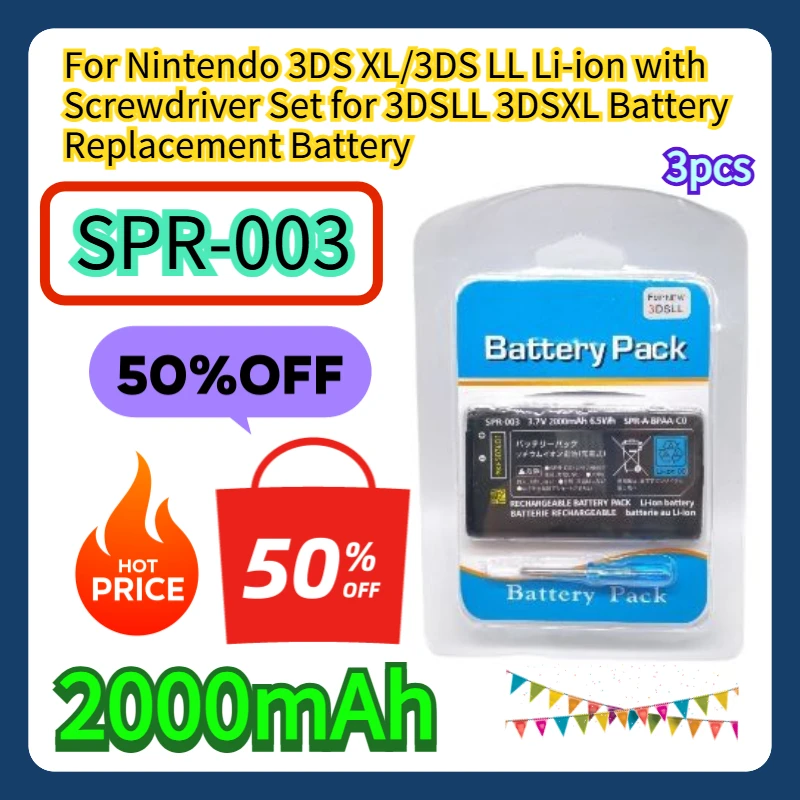 

3pcs For Nintendo 3DS XL/3DS LL Li-ion with Screwdriver Set for 3DSLL 3DSXL Battery SPR-003 2000mAh Replacement Battery