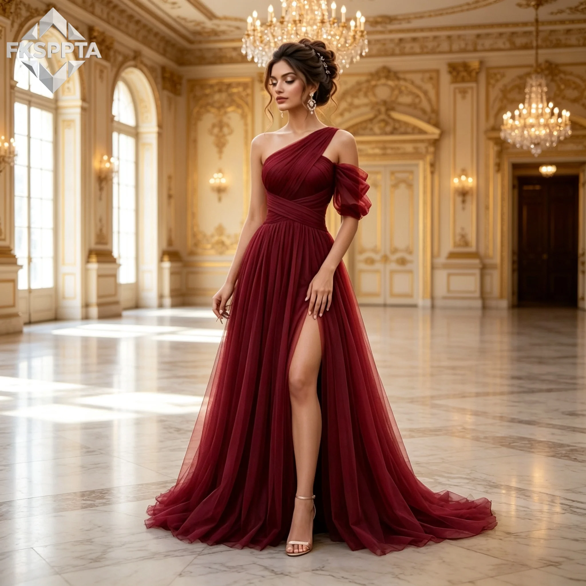 Burgundy One Shoulder Long Evening Dress One Shoulder Pleated Tulle 2026 Women Formal Gowns For Prom Party Vestido De Festa