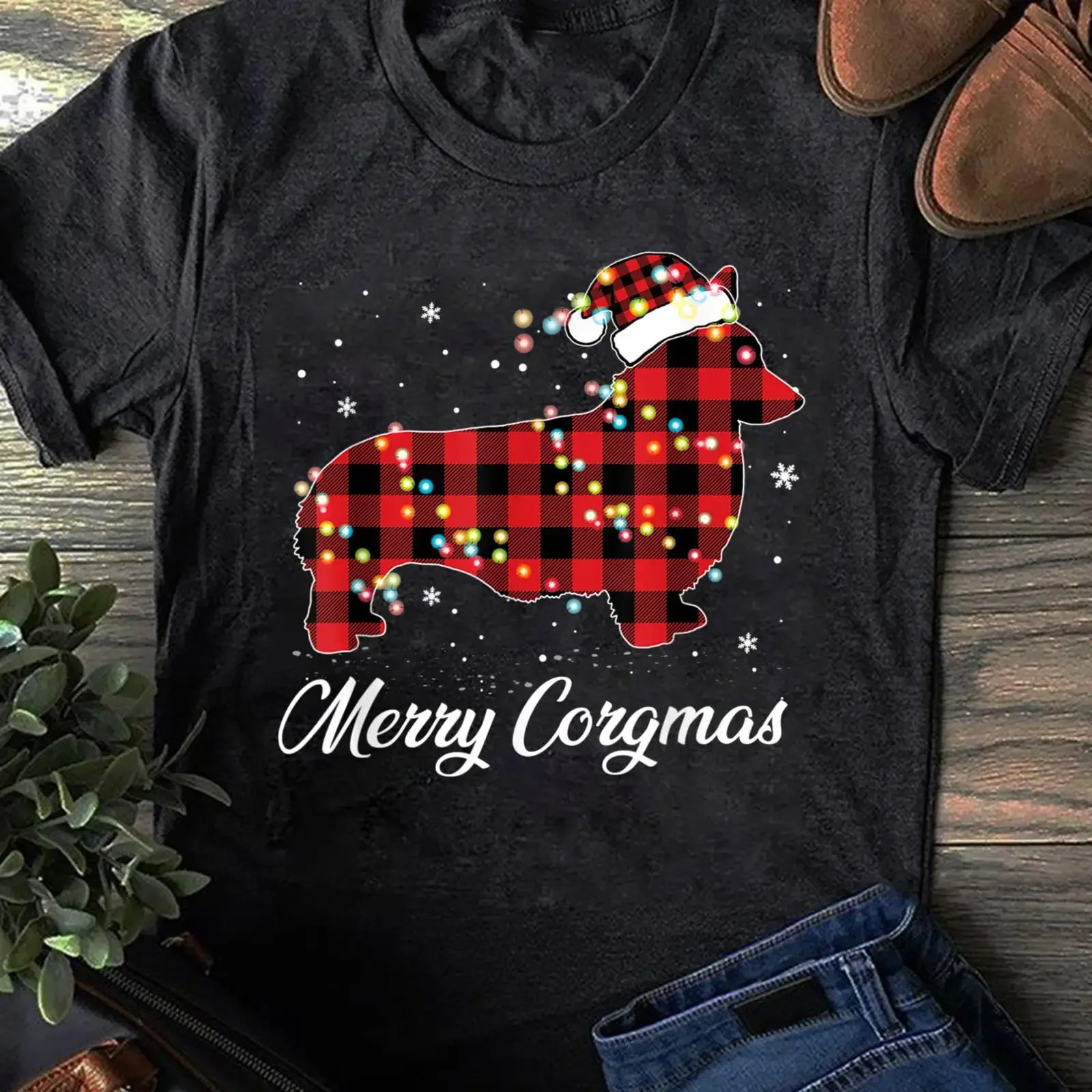Red Plaid Corgi Christmas T Shirt Merry Corgmas Dog Lover  vintage Washed Stretched Breathable Versatile Top For Everyday Wear