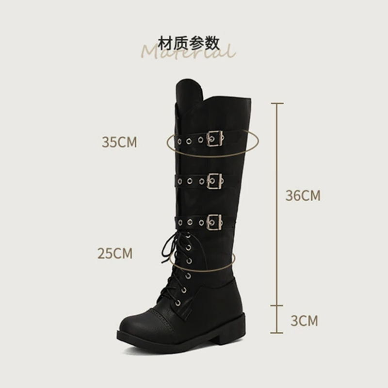 

Girseaby Women Knee High Boots Round Toe 3cm Heel Lace Up Buckles Big Size 48 US17 Party Bota Faux Leather Mortorcycle Ridding