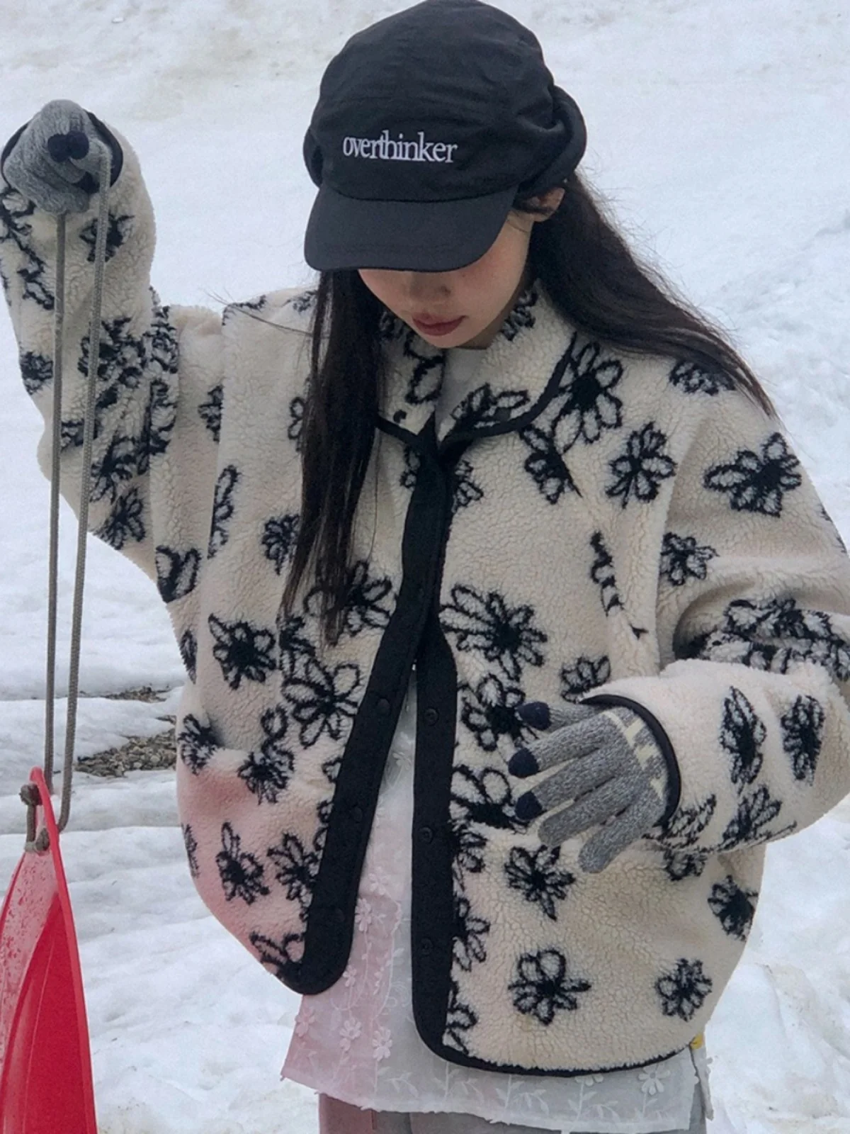 

Korean Style Double-Sided Wear Floral Pattern Loose Women's Jacket Winter Warm Cotton Coat Short Sleeve Zipper Closure