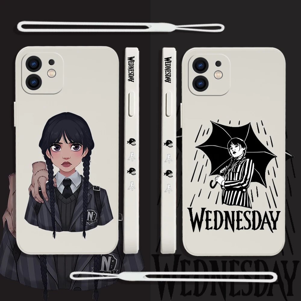 Wednesdays Addams Phone Case For iPhone 15 14 13 12 11 Pro Max Mini X XR XS MAX SE20 8 7 6S Plus Silicone Cases with Hand Strap