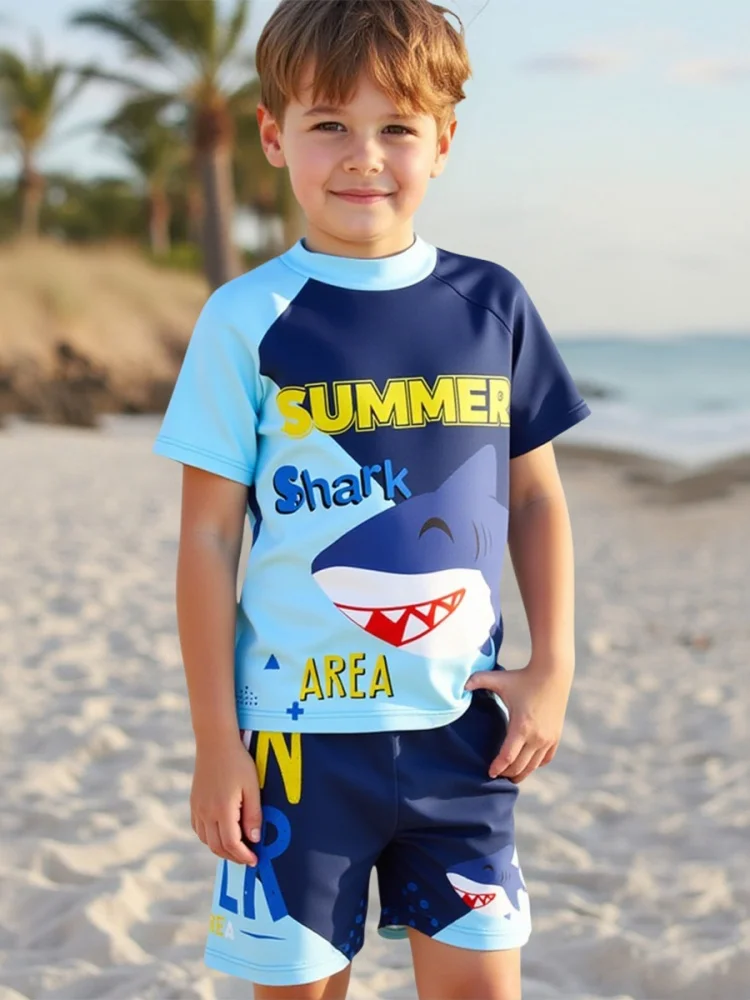 

Boy Kids Swimsuit 2025 New Cartoon Shark Short Sleeve Children Swimwear Summer Two Piece Shorts Beachwear Bathing Suit Swimming