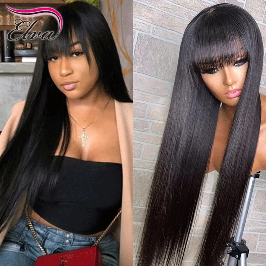 Brazilian Bone Straight Long 100% Human Hair Wigs With Bangs 16-32Inch 250 Density Wigs With Bangs For Women cheap wigs on Sale